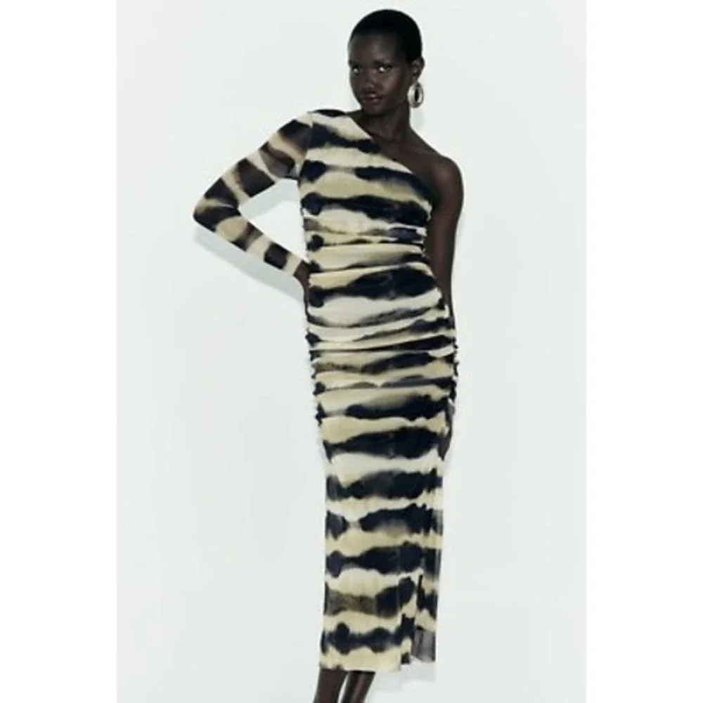 Zara Dress Women Small Black Tan One Shoulder Ruched Mesh Tie Dye Midi Bodycon - Picture 1 of 10